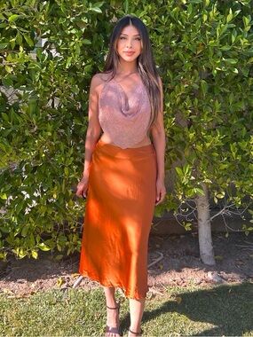2 piece set!! Better Be Rust Orange Satin Midi Skirt
